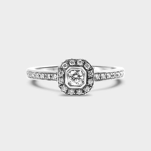 Anillo halo canasta brillante platino