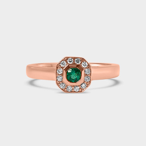 Anillo halo plano esmeralda oro rosado